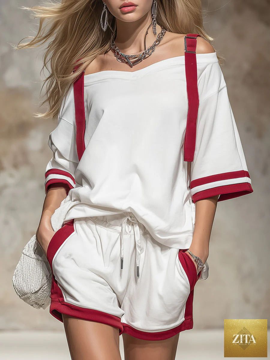 Women's summer contrast color-block patchwork shorts set by Zita La Belle Elite, casual 2-piece outfit with vibrant design.