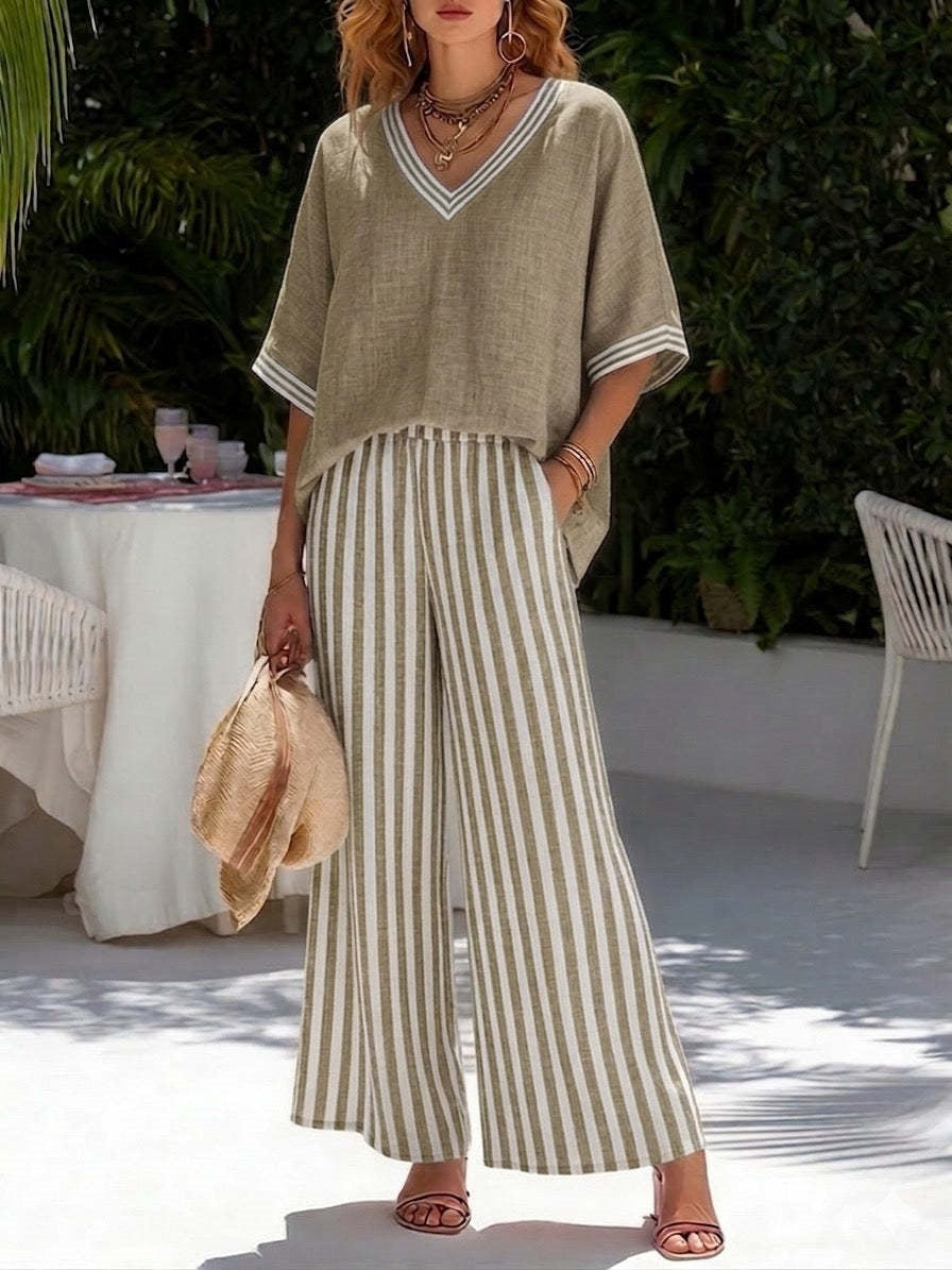 Women's striped tunic top and casual trousers two-piece set in lightweight fabric, stylish and comfortable casualwear by FitiqueFit.