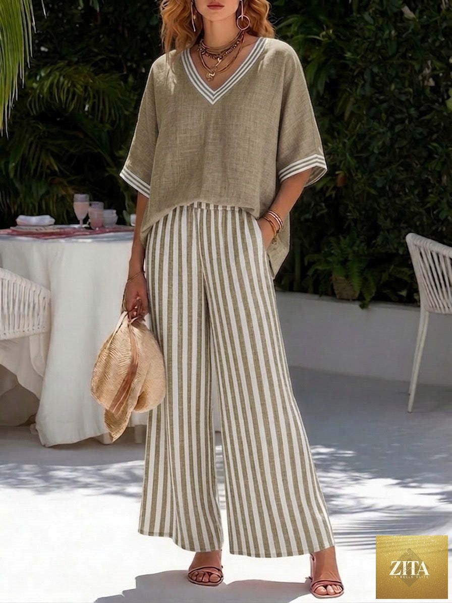 Zita La Belle Elite women's striped tunic top and casual trousers two-piece set, featuring a relaxed fit and stylish design.