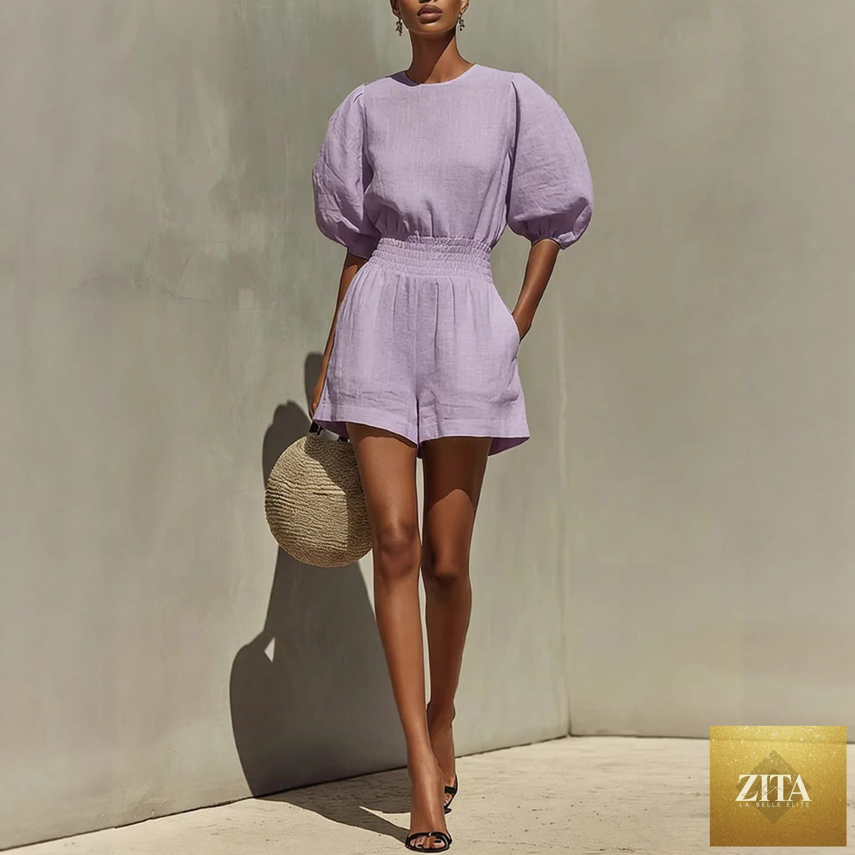 Zita La Belle Elite women's casual puff-sleeve top and cropped shorts set, stylish and comfortable summer casualwear.