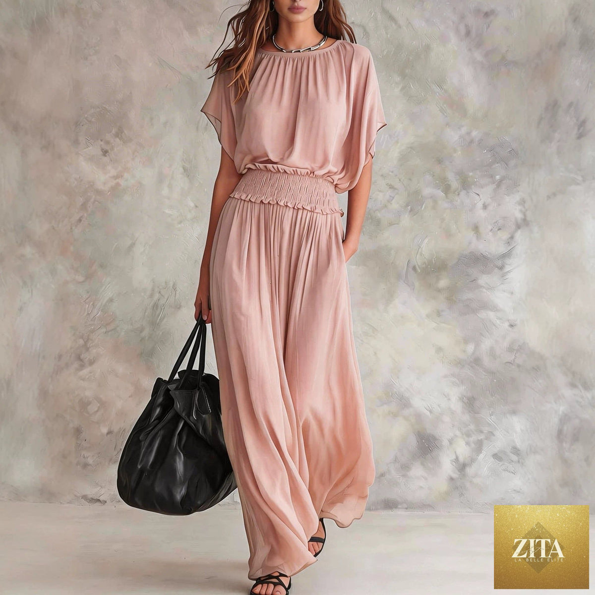 Women's chiffon high-waist ruched maxi dress by FitiqueFit, flowing fabric with elegant ruching and a high-waist design.