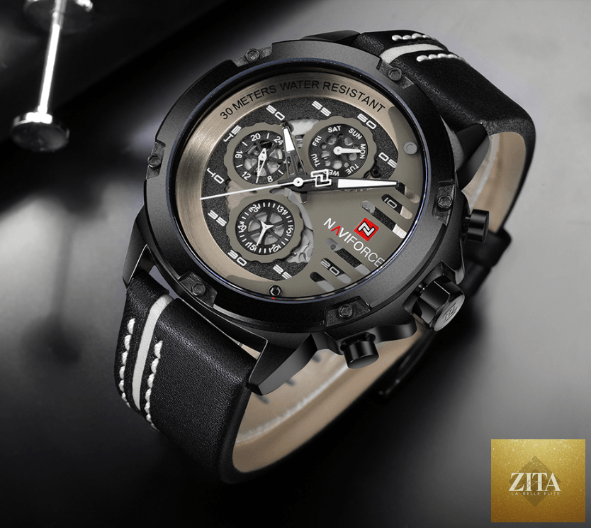 Men's Stevvex waterproof sports watch with leather belt, chronometers, multifunction display, and unique design.
