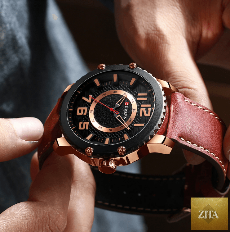 Men's waterproof sport watch by Stevvex with leather belts, large numeric details, and a unique modern design.
