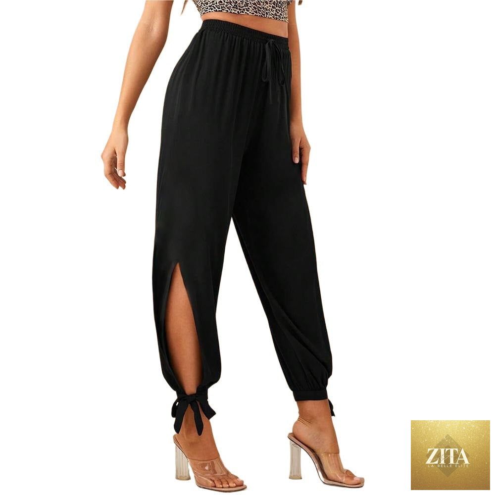 Black High-waisted Drawstring Split-leg Tie-cuff Casual Pants