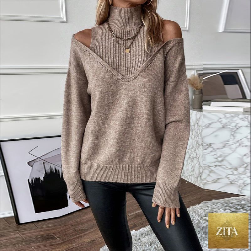 Women’s elegant off-shoulder turtleneck sweater by FitiqueFit featuring long sleeves and a cozy knit design.