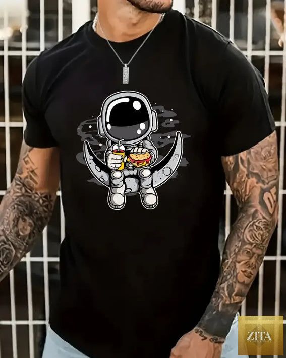 Men's streetwear T-shirt featuring a cartoon astronaut design, casual summer FitiqueFit tee for everyday wear.