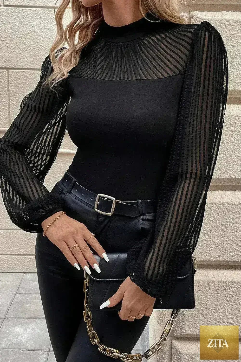 Femstylo mock neck long sleeve blouse, stylish and trendy tops with a fitted design and soft fabric, shown in a close-up view.