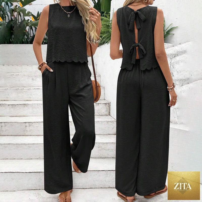 FitiqueFit elegant 2-piece matching set featuring a sleeveless crop top and wide-leg pants for casualwear style.