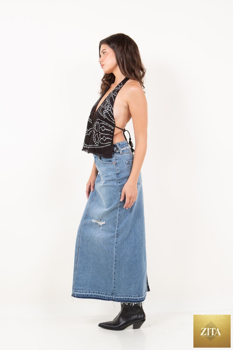 Artemis Vintage Livia denim maxi skirt with frayed waistband and front slit, casual boho style, lightweight denim fabric.