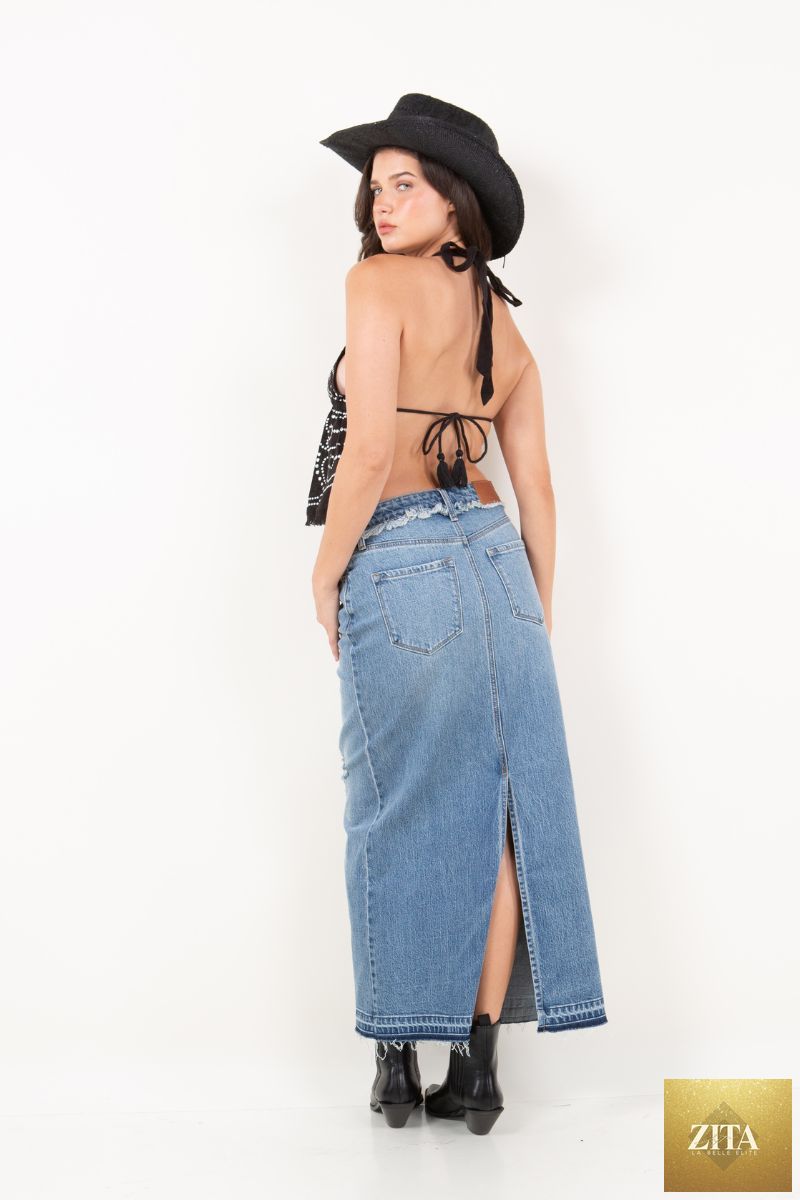 Artemis Vintage Livia denim maxi skirt with frayed waistband and front slit, casual boho style for everyday wear.