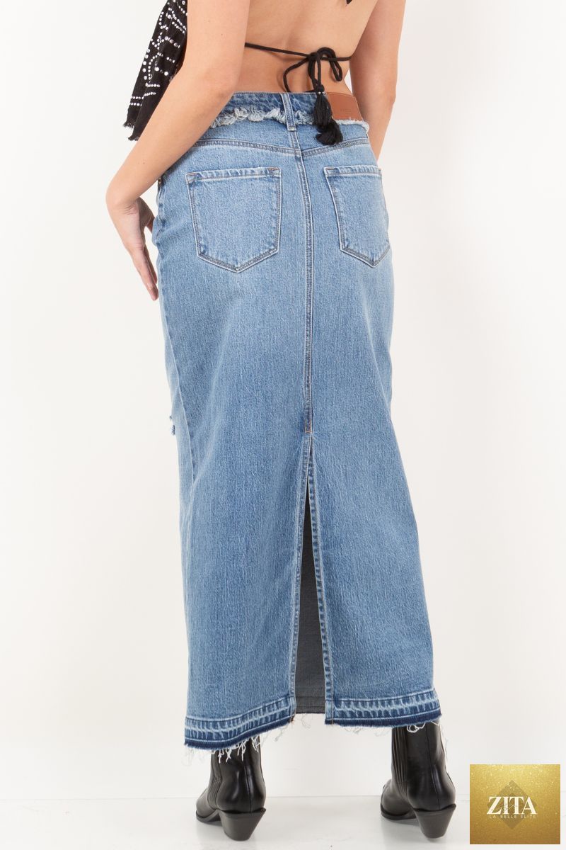 Artemis Vintage Livia denim maxi skirt with frayed waistband and side slit, stylish and casual for everyday wear