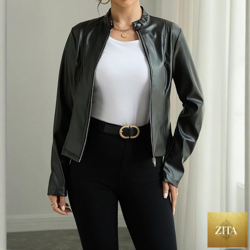 Women's solid color faux leather blazer with long sleeves and stand collar, casualwear from FitiqueFit.