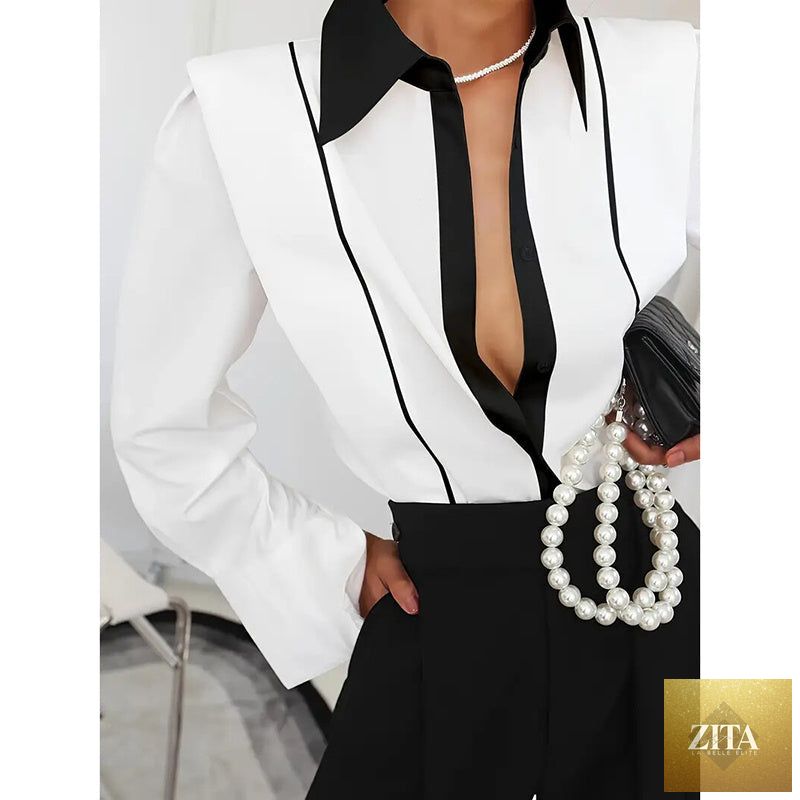Women’s black and white colorblock casual shirt by FitiqueFit, featuring a relaxed fit and stylish color blocking detail.