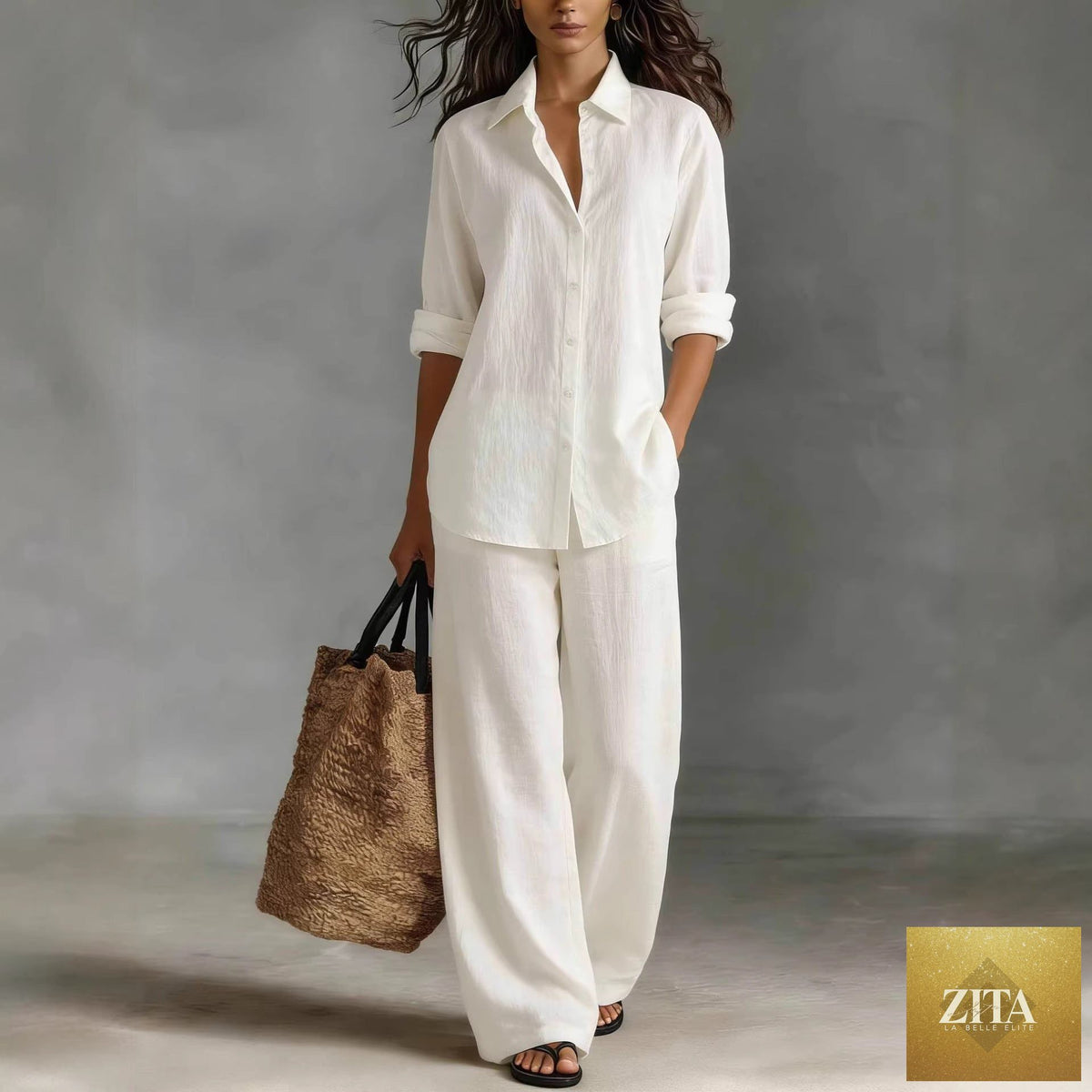 Women's Bohemian cotton-linen top and pants set in a casualwear style by Zita La Belle Elite, featuring relaxed fit and earthy tones.