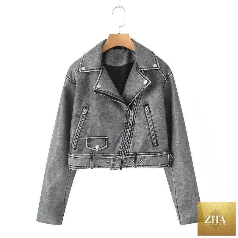 Women's washed leather worn motorcycle jacket featuring casual design and distressed leather, ideal for leisure and stylish riding outfits.