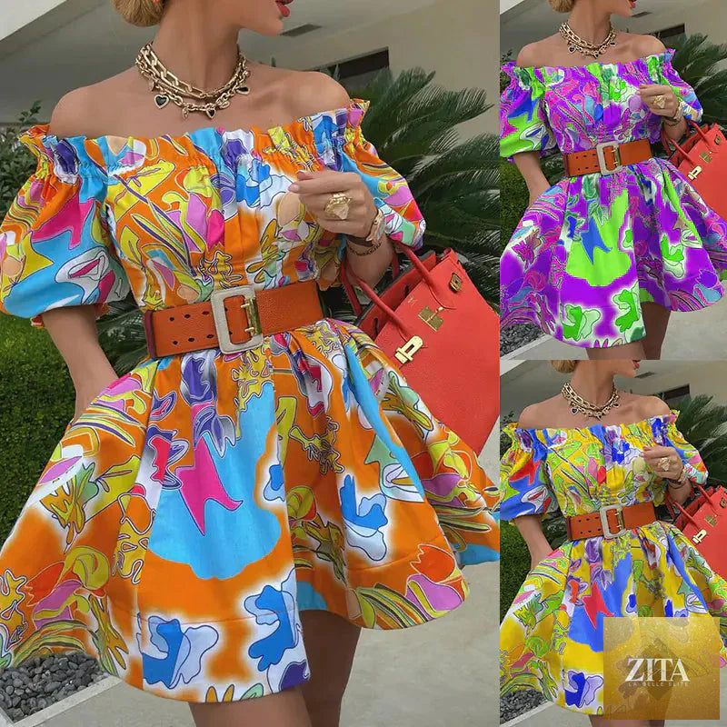 Off-shoulder mid-sleeve women's dress from Trendy Attic Store01, featuring a stylish fit and feminine design.