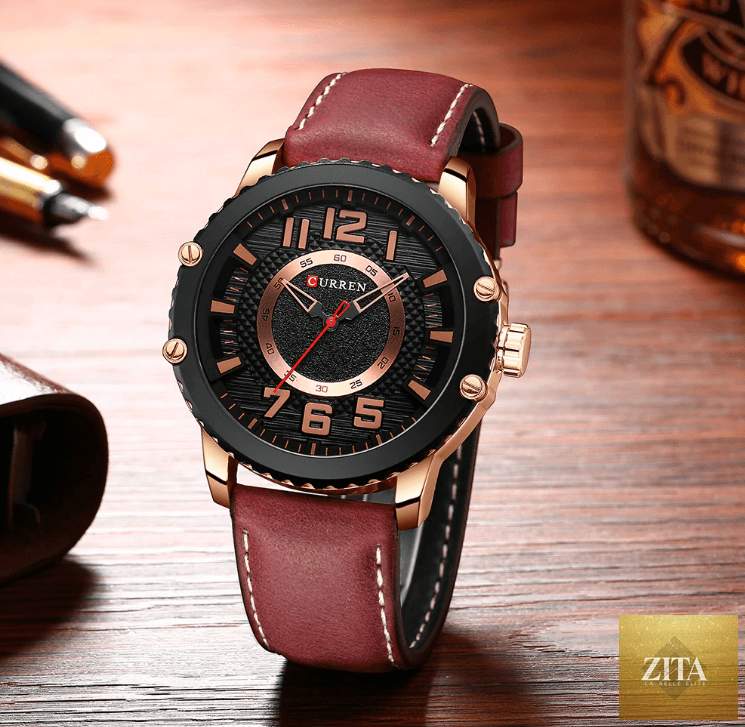 Men's waterproof sport watch by Stevvex with leather belt and large number details, showcasing its unique design and durable build.