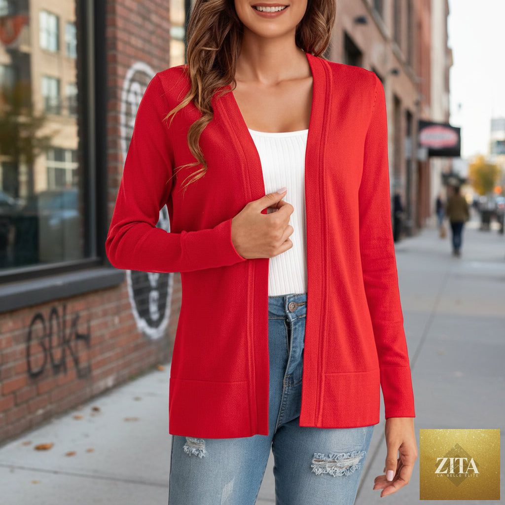 Women's knitted loose cardigan coat in four colors from FitiqueFit, featuring a cozy, relaxed fit and soft knit fabric.