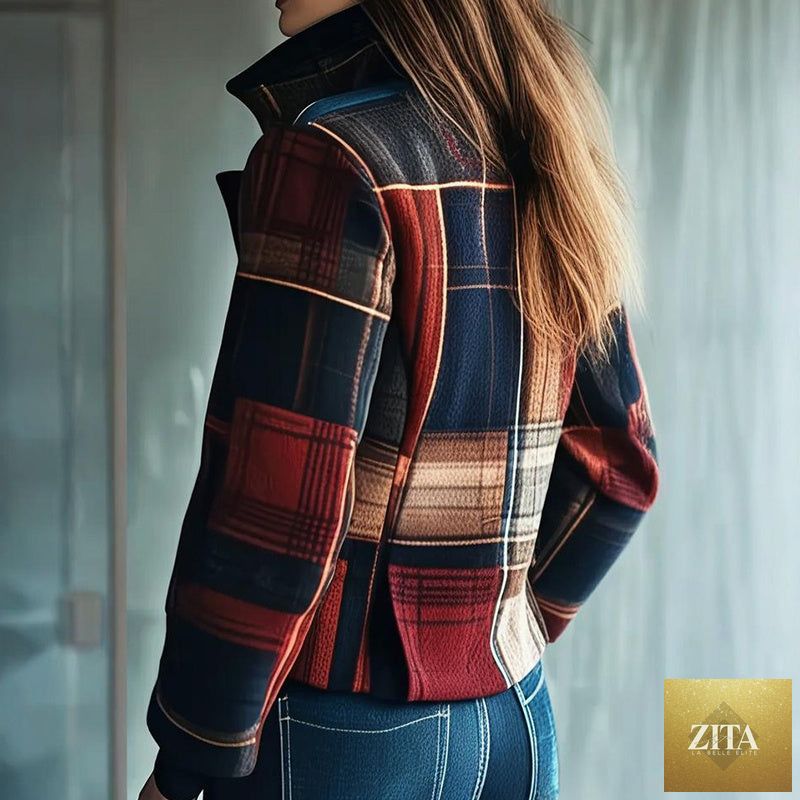 Vintage FitiqueFit women's stand collar blazer with single-row buttons, tailored jacket with structured fit and classic design.