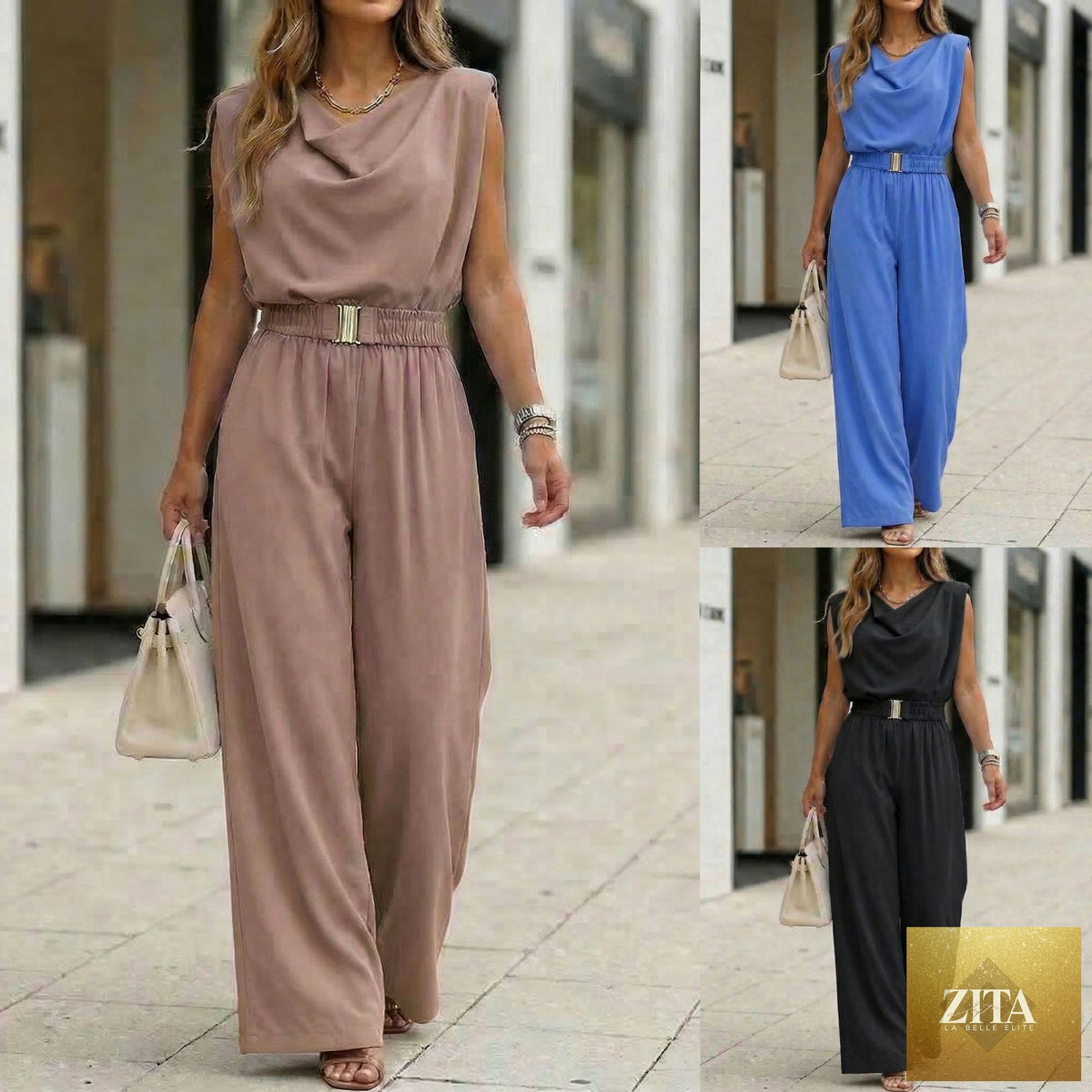Women's off-shoulder sleeveless wide-leg jumpsuit by Zita La Belle Elite, high waist with belt, casual summer wear.