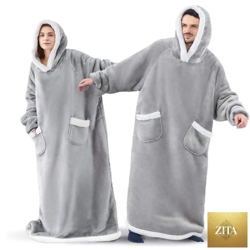 Mandotos winter TV hoodie blanket in warm, oversized pullover style with pockets for women and men, cozy home wear.