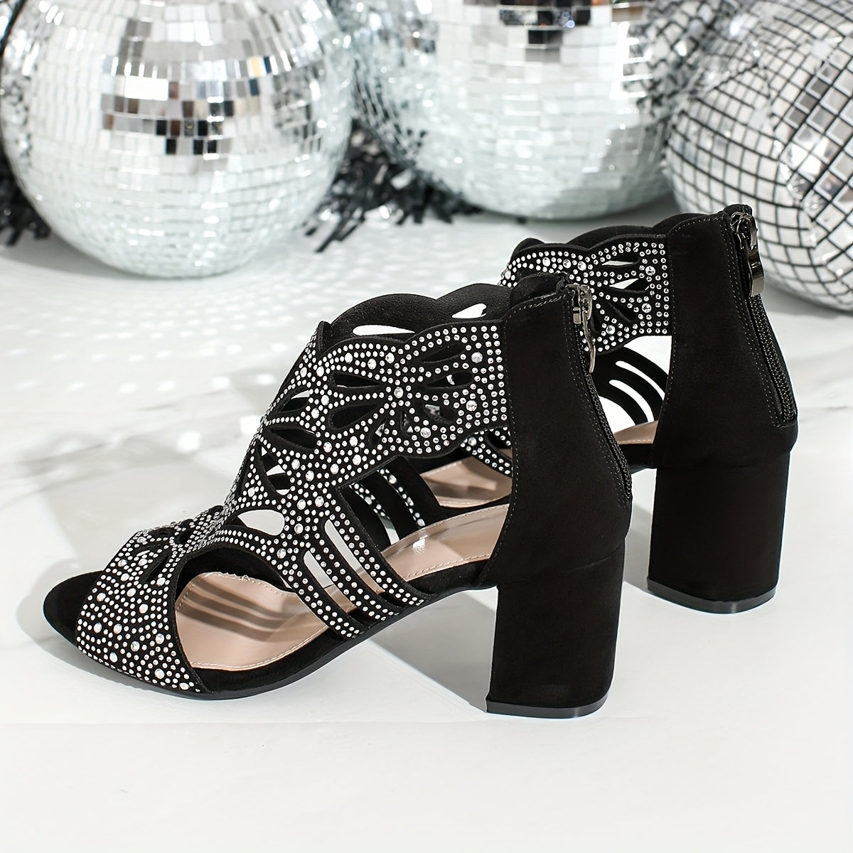 Elegant Formal Black Floral Cut Out Heels Sandals