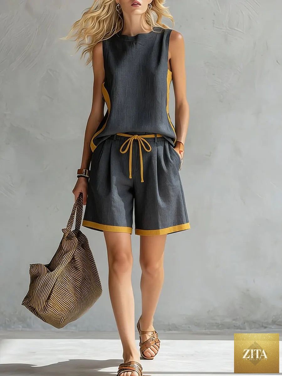 Zita La Belle Elite casualwear set with solid color loose vest and matching shorts, lightweight and comfortable for everyday wear.