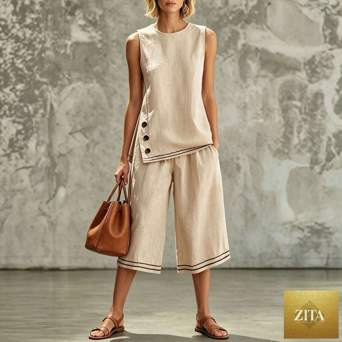Zita La Belle Elite women's tank top and wide-leg pants set with side split, pockets, and button details on the front.