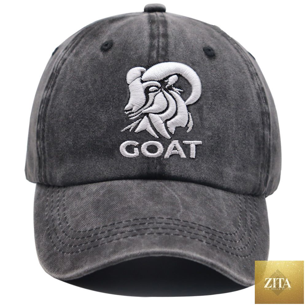 Zita La Belle Elite GOAT Ram embroidered vintage washed baseball cap with adjustable low profile unstructured fit.