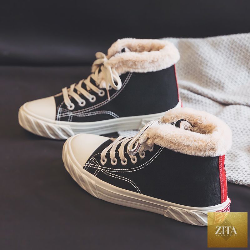 Women’s black winter sneakers with thick flat soles, velvet and canvas upper, from Zita La Belle Elite.