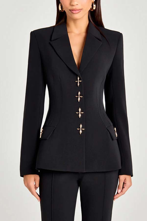 Women's solid-color long-sleeve blazer by FitiqueFit featuring metallic zipper detail, casualwear style, shown on a plain background.