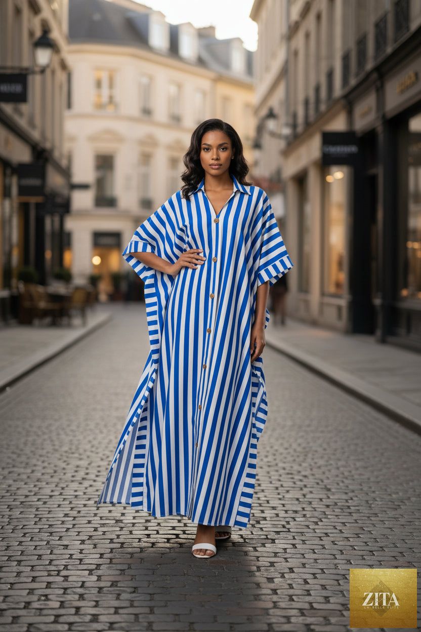 African-inspired striped loose long dress by FitiqueFit in five colors, featuring a relaxed fit and flowing design.