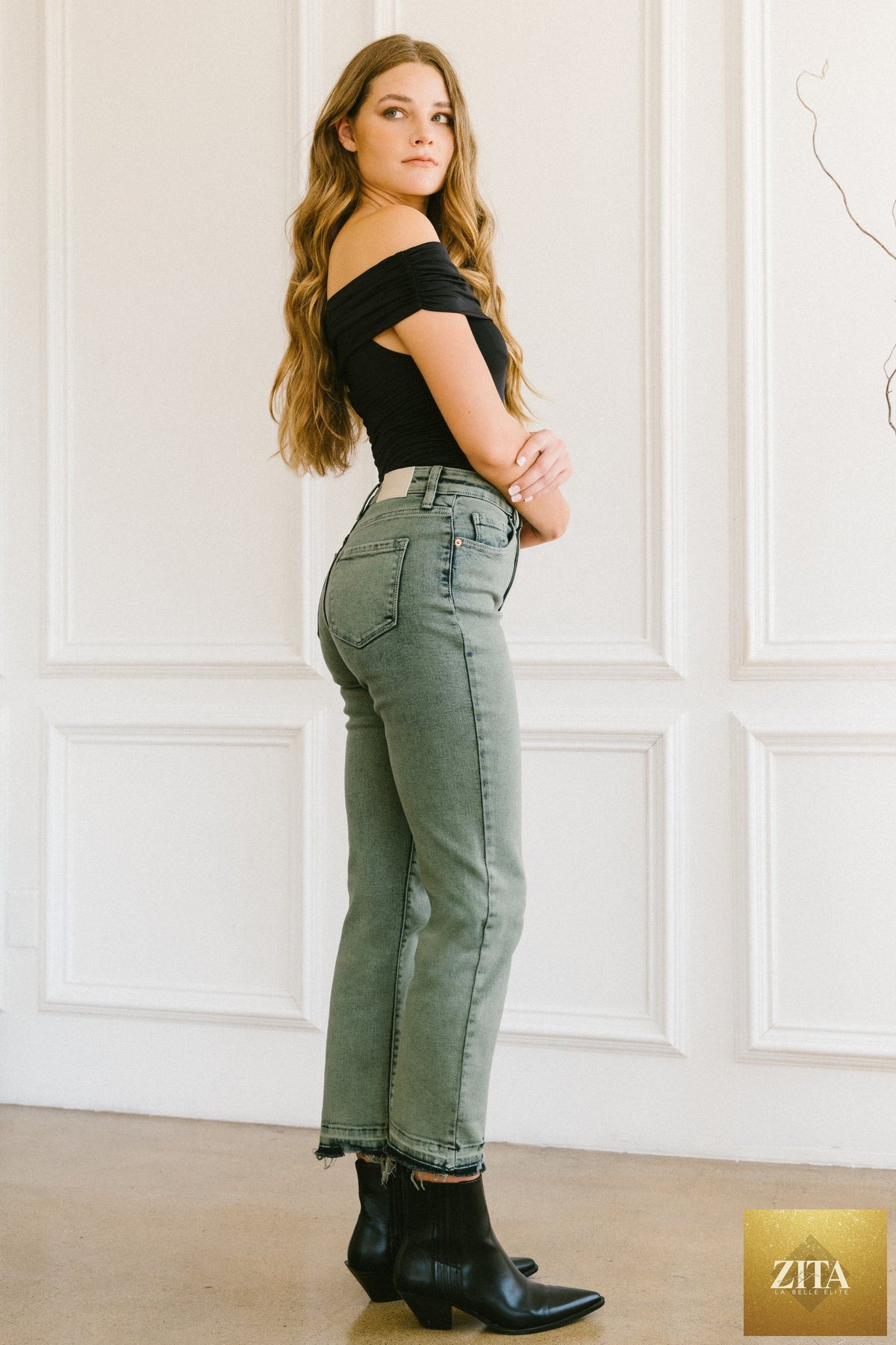 Artemis Vintage Elena high-rise straight jeans with tummy control, dark wash denim, and classic five-pocket style.