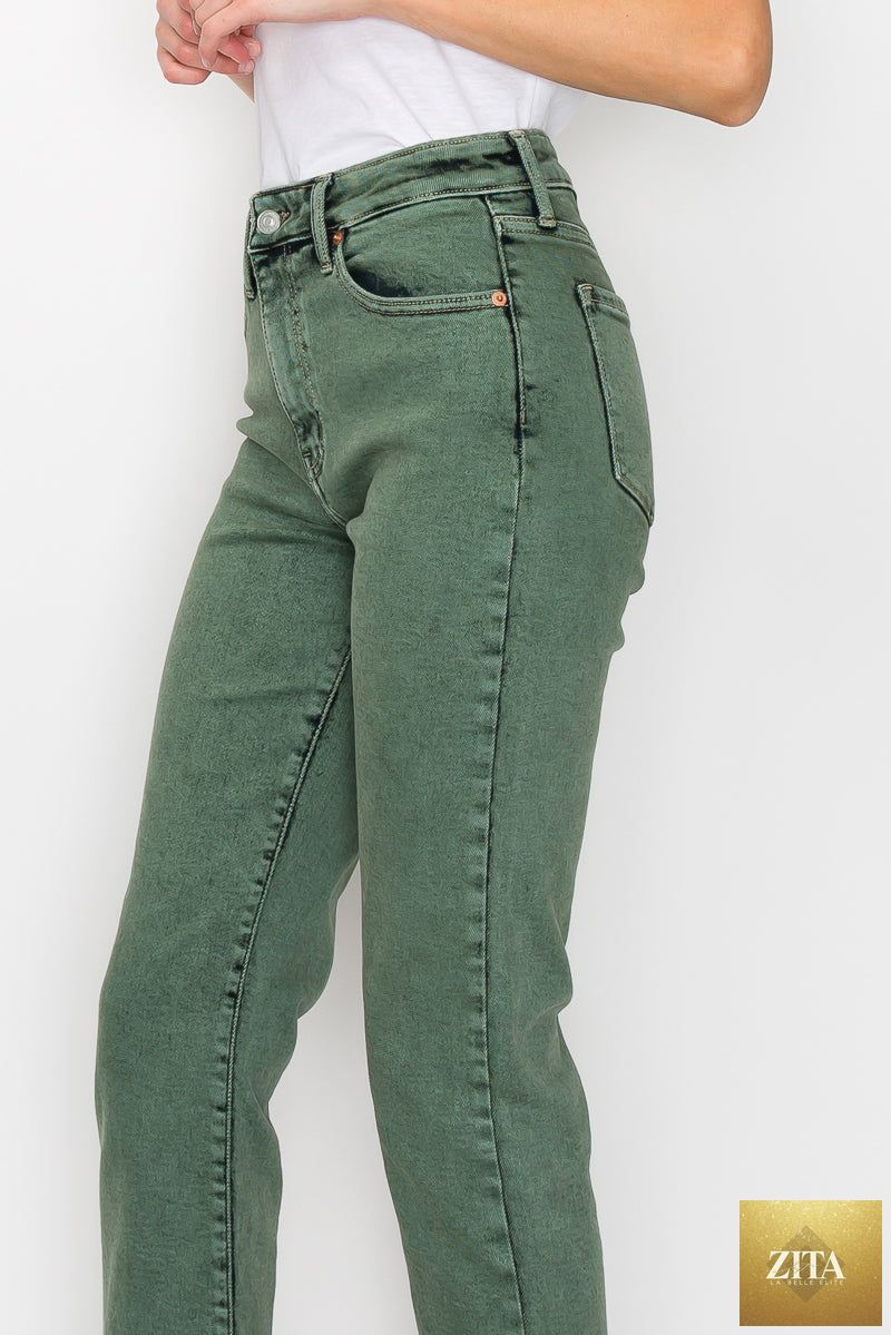 Artemis Vintage Elena Tummy Control High Rise Straight Jeans shown in dark denim with classic five-pocket design and fitted waist.