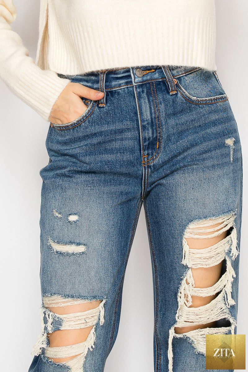Artemis Vintage hybrid stretch ripped flared jeans with distressed details and a relaxed fit, showcasing trendy denim style.