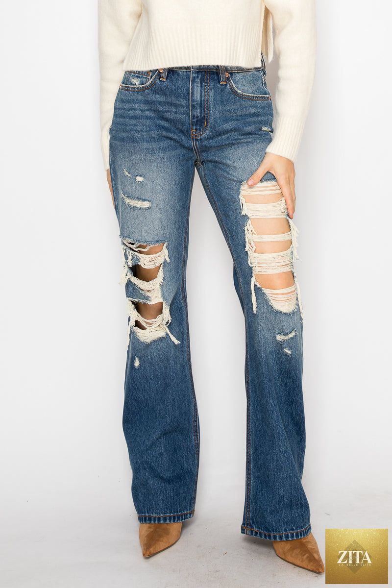 Artemis Vintage hybrid stretch ripped flare jeans with distressed details and a high-waisted fit, showcasing a casual trendy style.