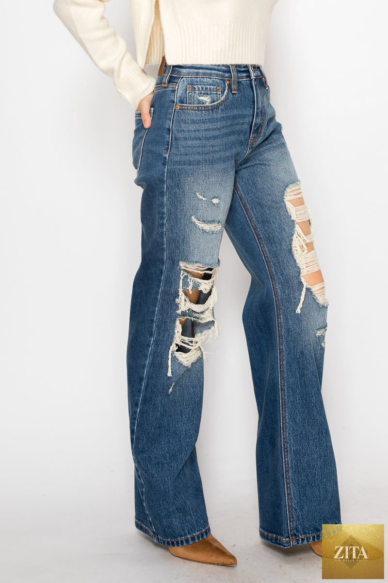 Artemis Vintage hybrid stretch ripped flared jeans with distressed details and relaxed fit, showcasing a stylish, casual denim look.