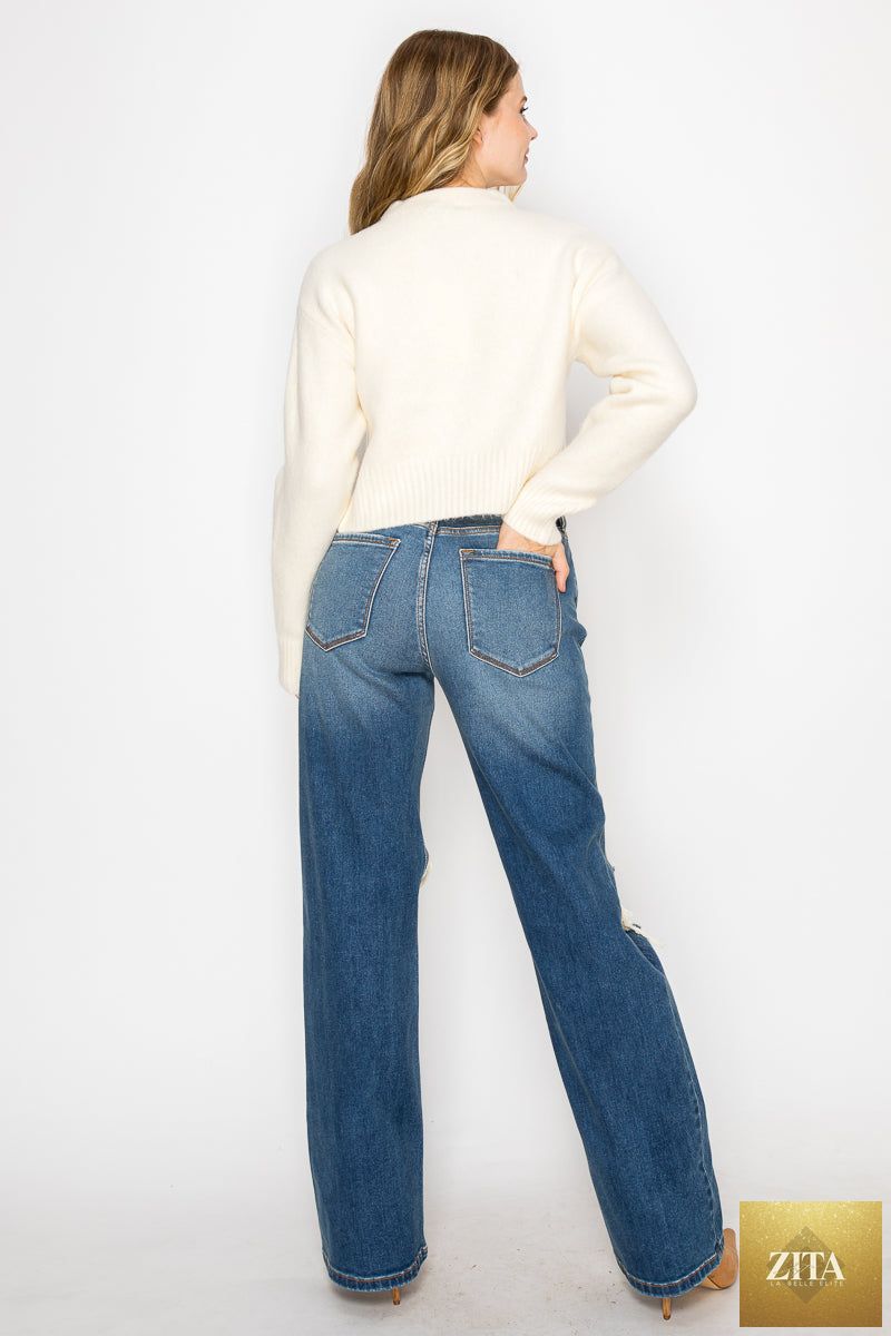 Artemis Vintage hybrid stretch ripped flare jeans with distressed details and a relaxed fit, showcasing fashionable denim style.