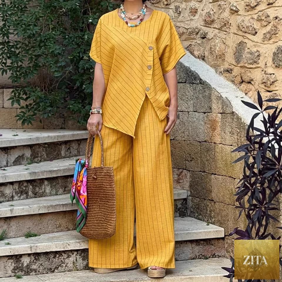Zita La Belle Elite casualwear striped shirt and loose pants set, three-quarter sleeves, relaxed fit, stylish two-piece ensemble.