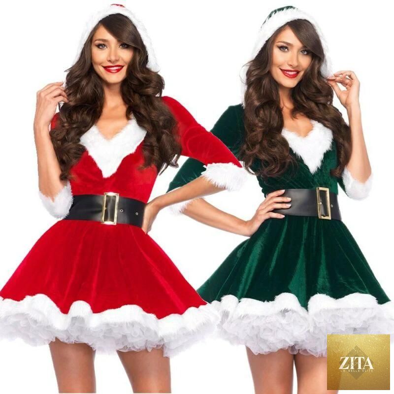 Women’s sexy Christmas dress by MANDOTOS featuring a Santa Claus hoodie, festive cosplay costume, perfect for winter parties.