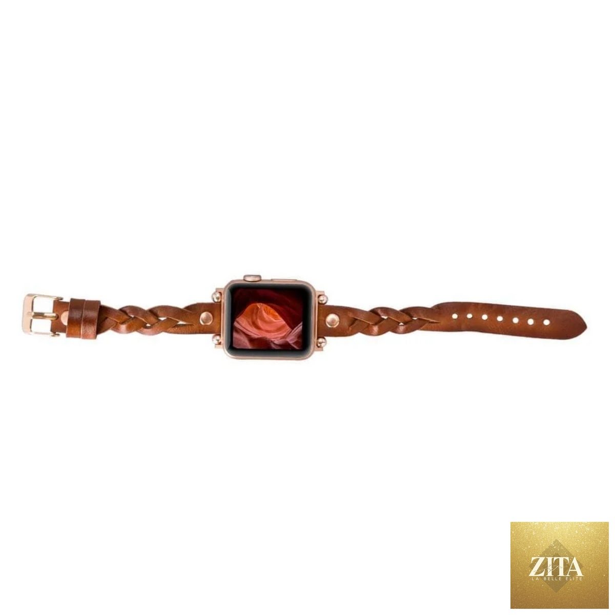 Leather Apple Watch band in brown with a braided design by LEATHERE, designed for a stylish and comfortable fit.
