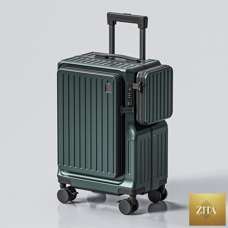 Front-opening 20-inch carry-on suitcase by Social Buzz eSIMs showing a sleek black exterior with a front zipper compartment.