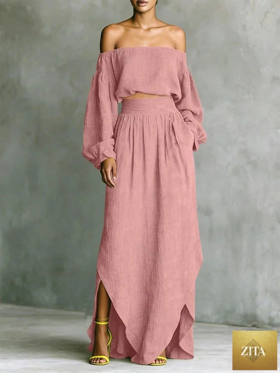 Zita La Belle Elite off-shoulder top and asymmetrical maxi skirt set for women, casualwear, stylish and comfortable two-piece outfit.