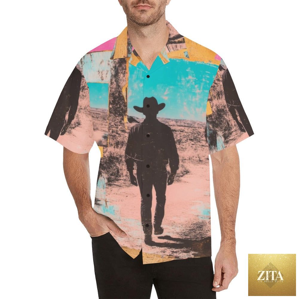 Retro Pop Western Mystery Cowboy men's camp shirt by Baha Ranch Western Wear featuring a vibrant Western print and classic button-up style.