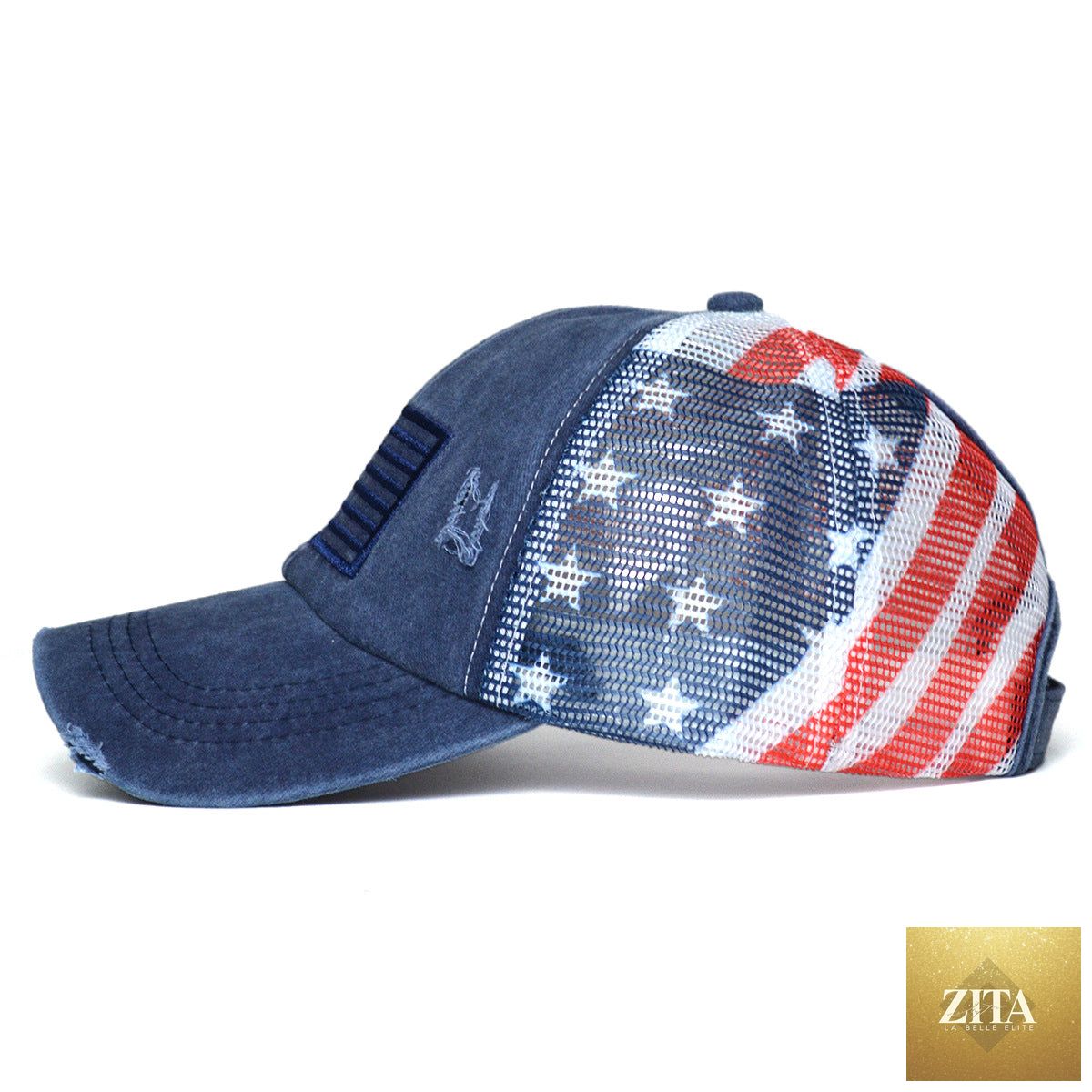 Women's embroidered ripped baseball cap with breathable dome top in polyester, stylish hat by Zita La Belle Elite.