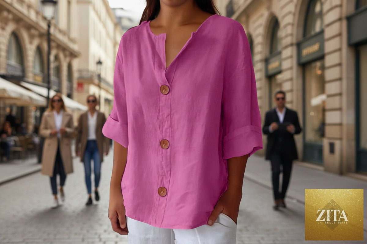 Women's V-neck cotton linen buttoned blouse by FitiqueFit, casualwear, shown in beige with long sleeves and front buttons.