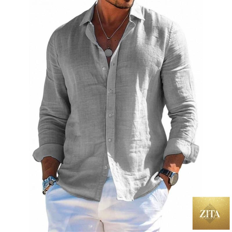 Men's casual long sleeve shirt by MANDOTOS, loose fit, solid color with lapel collar, plus size blouse for men.