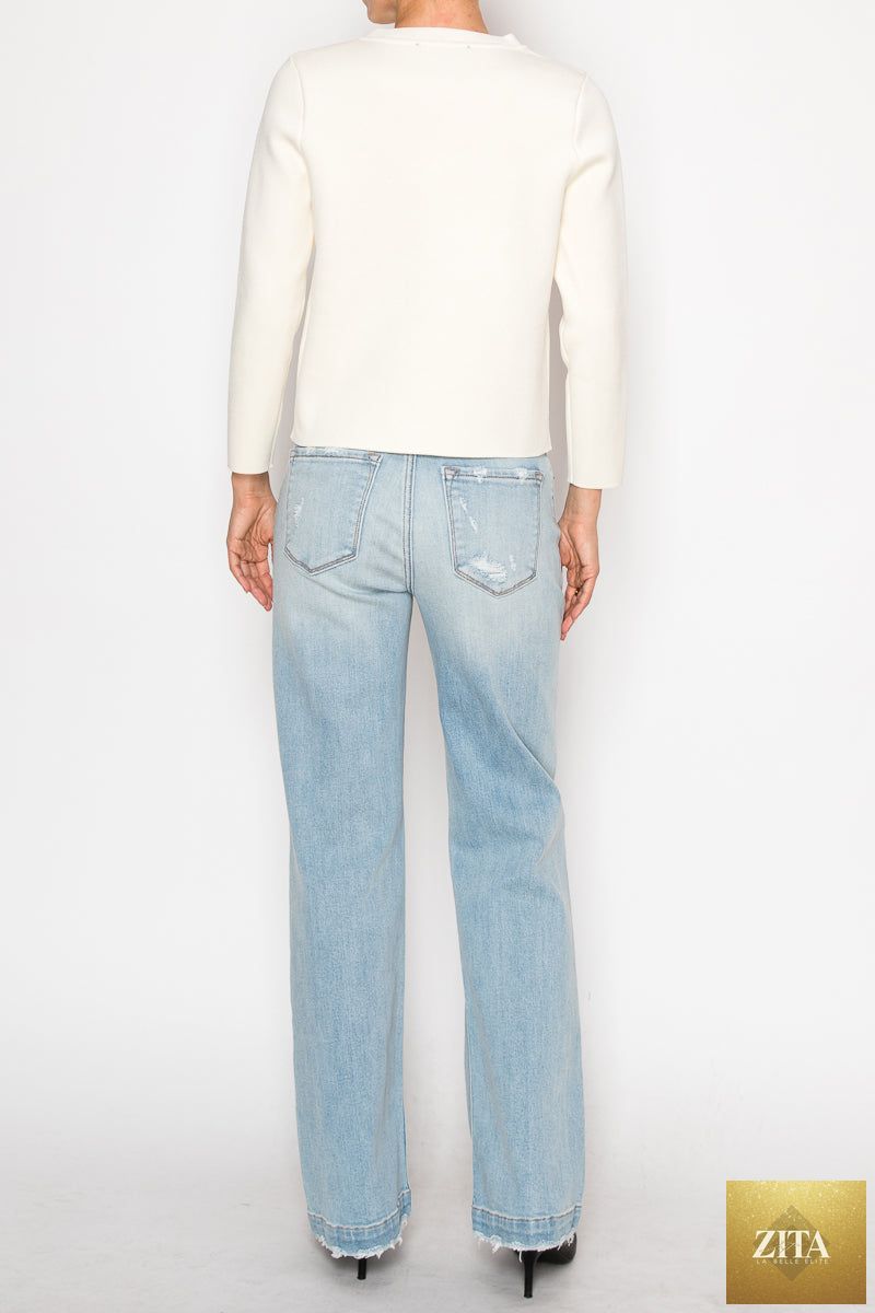 Artemis Vintage high rise relaxed straight leg jean with tummy control, denim fabric, and classic five-pocket styling.