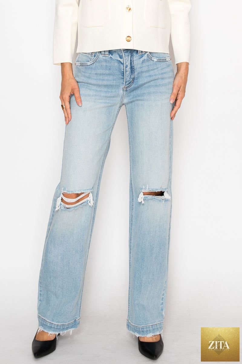 Artemis Vintage tummy control high-rise relaxed straight leg jeans with classic denim wash and comfortable fit.