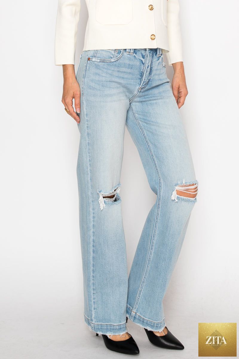 Artemis Vintage high-rise relaxed straight leg jean with tummy control, denim fabric, and classic five-pocket design.